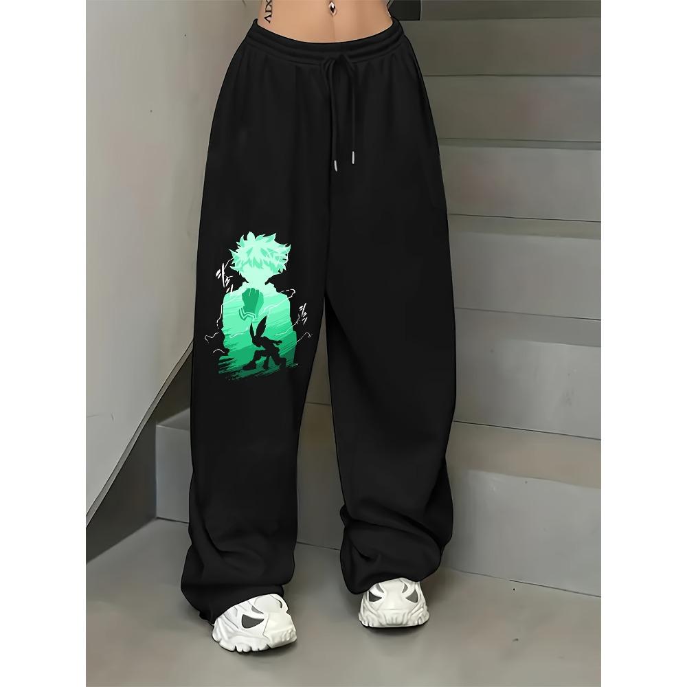 Loose Straight-Leg Pants with Cartoon Prints, Casual Hip-Hop Streetwear, Women S Wide-Leg Trousers S