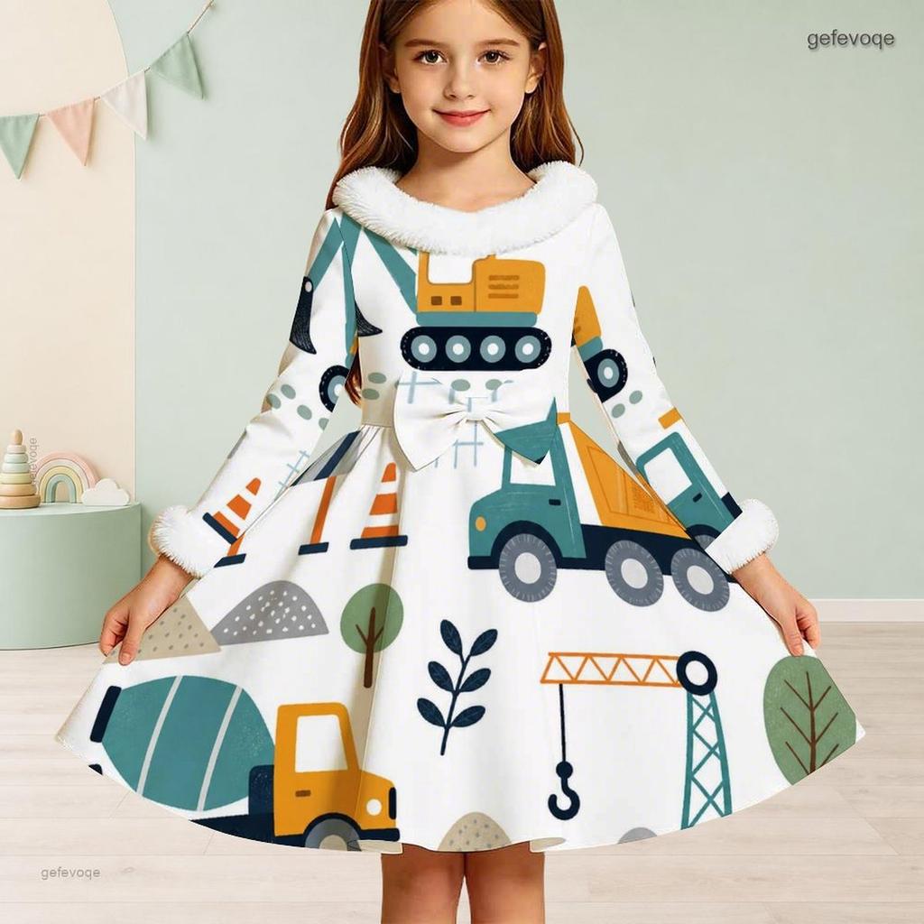 Little Girls White High Neck Fuzzy Trim Long Sleeve Tie Waist Motorcycle Printed A Line Flared Dress