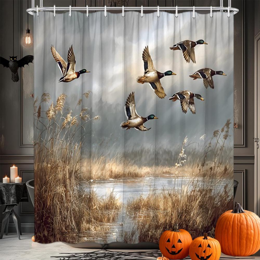 Rustic Duck Shower Curtain Mallard Flying Over Wetland Scene Polyester Bath Curtain With 12 Hooks For Nature Decor