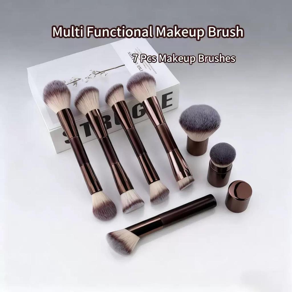 7dílná přenosná oboustranná sada štětců na make-up: Zahrnuje štětce na make-up, pudr, tvářenku a konturování