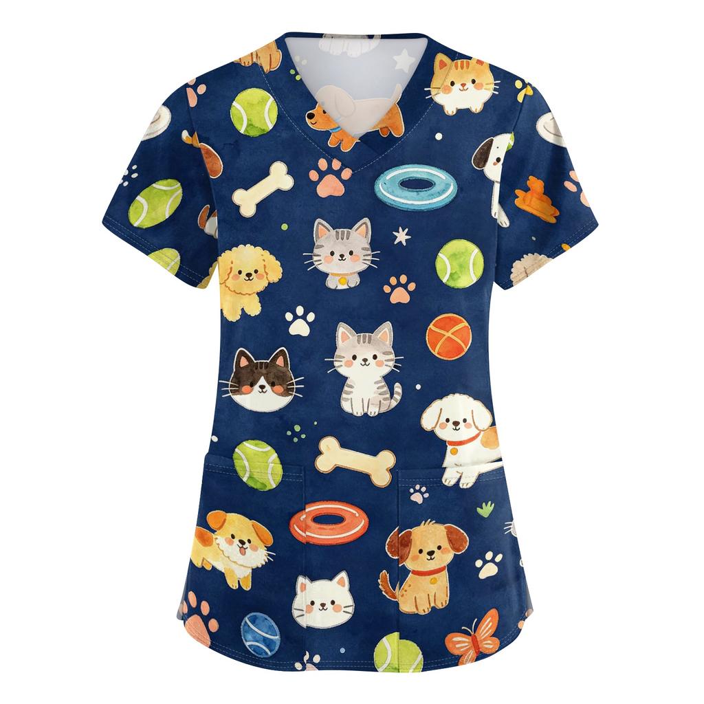 Damen V-Ausschnitt Kurzarm Arbeits-Top mit Taschen Tierprint Professionelle Uniform Pflegekittel für medizinisches und Pflegepersonal