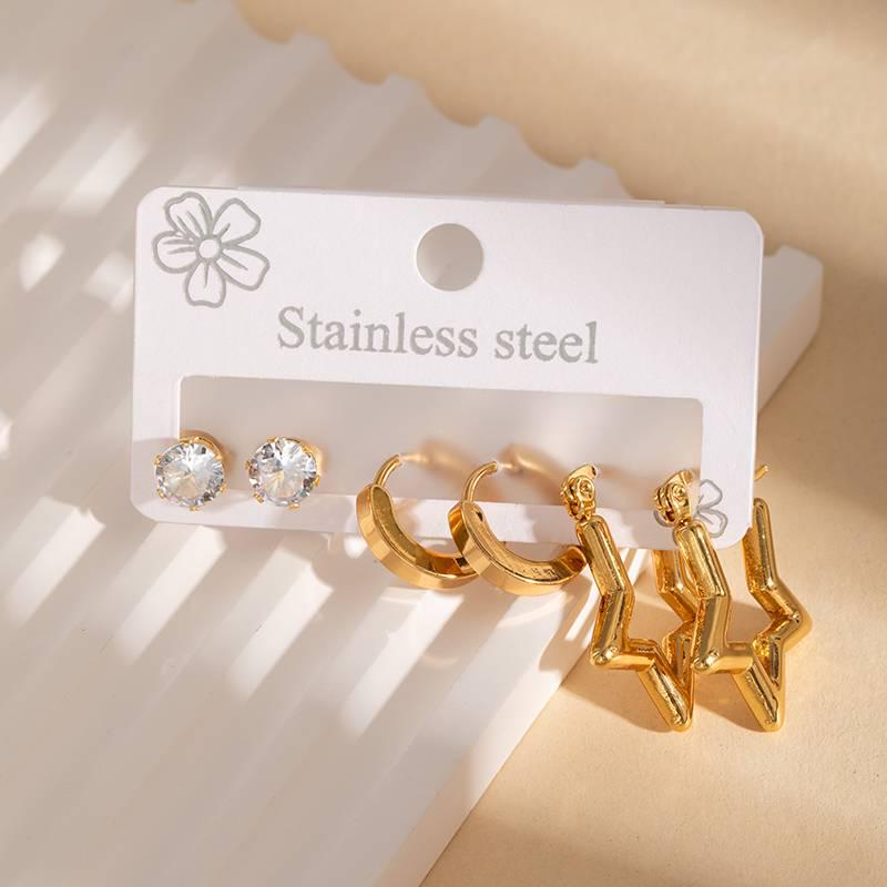 European & American Geometric Titanium Steel Earring Set: Women's Light Luxury 3-Piece Stainless Steel Versatile Earrings