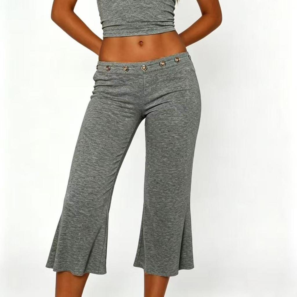 Women Slim Fit Flared Capri Pants Seven Quarter Length Casual Streetwear Sport Trousers with Waist Eyelet Detail