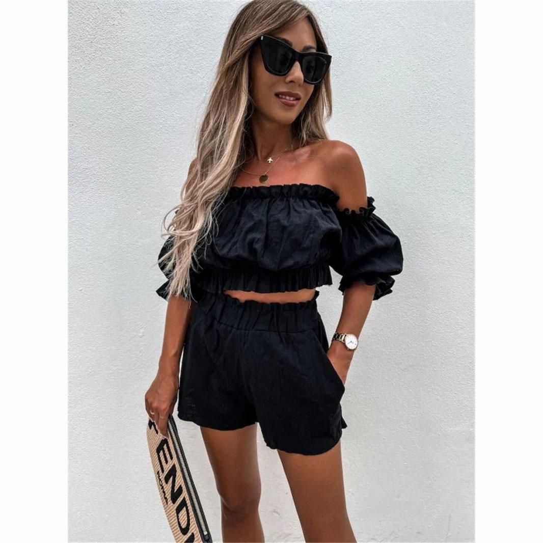 

Женский повседневный комплект с коротким рукавом, летний модный костюм с воротником и карманами, женский топ и шорты, комплект из двух предметов XXXL чёрный