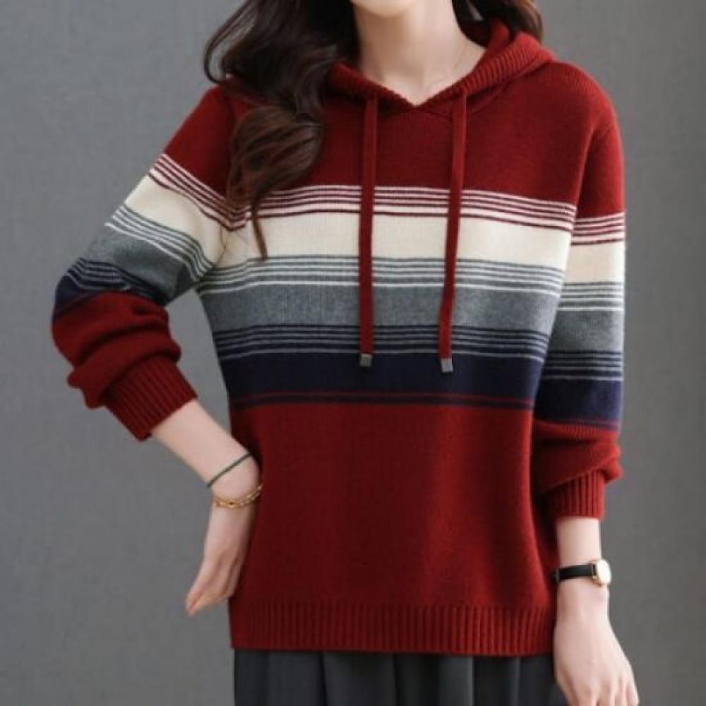 Navava Men Loose Fit Striped Color Block Long Sleeve Hoodie Knit Top Nk3389