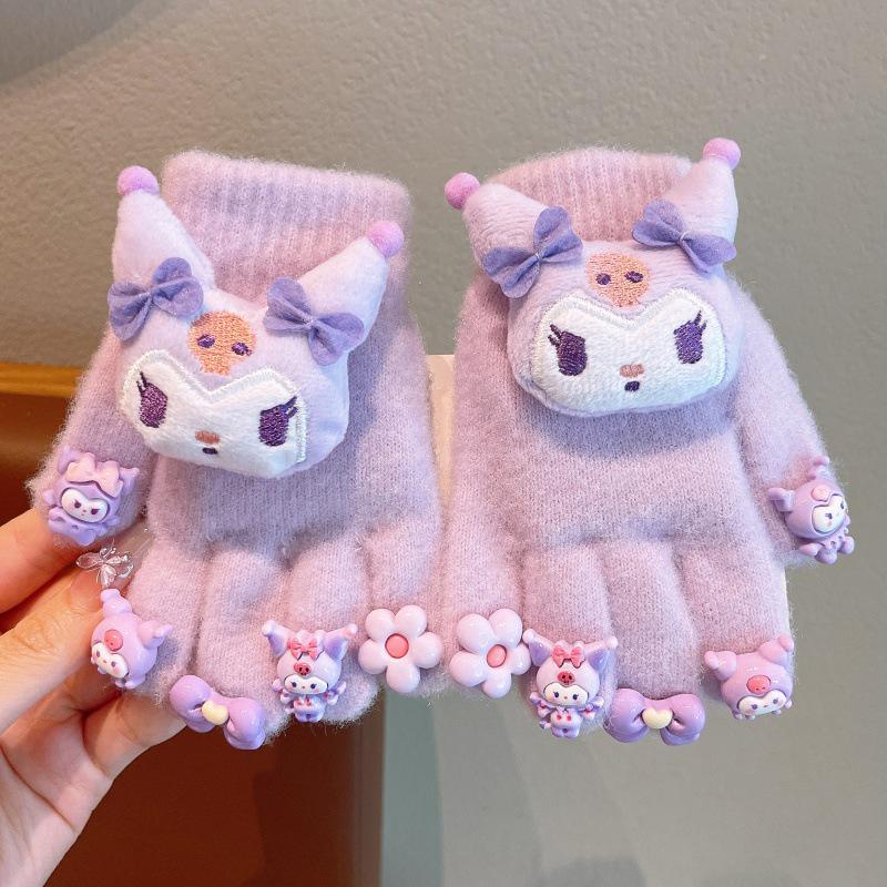 Girls' Kuromi Fleece-Lined Fingerless Gloves - Warm, Cold-Proof, Autumn/Winter Children's Accessories