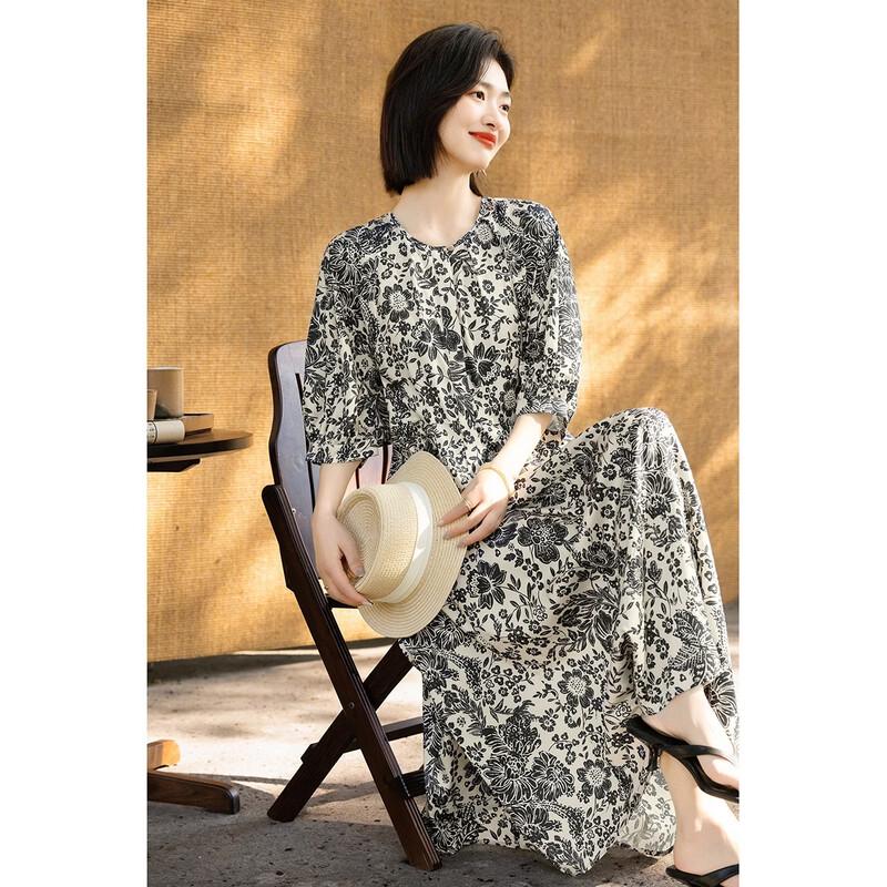 Demana Women's Retro Printed Satin Midi Dress