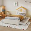 Cama Infantil 90x200 cm Cama Casa Cama Estofada em Bege, com 4 Gavetas, Cama com Armazenamento, Cama Juvenil com Veludo Francês, Cabeceira Casa