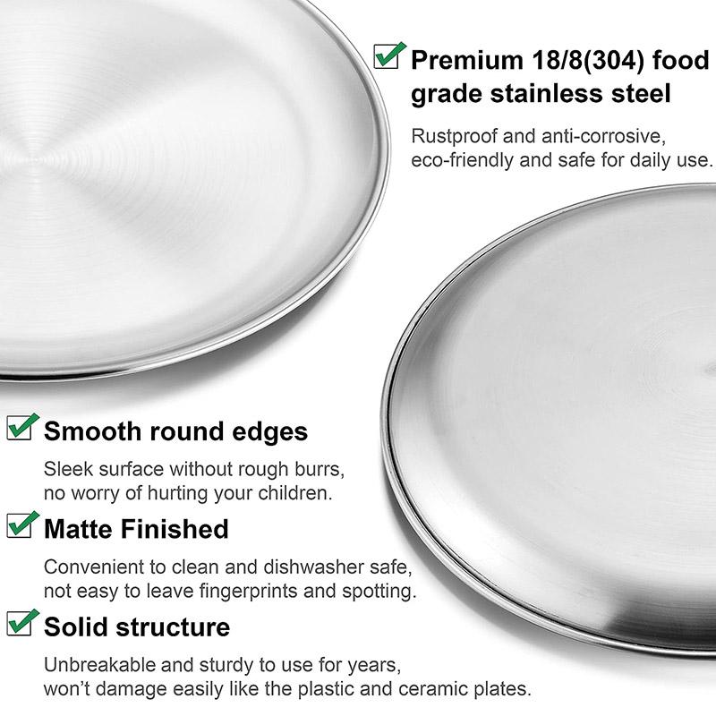 Reusable 304 Stainless Steel Dinner Plates, Heavy-Duty Metal Round Dishes Flat Feeding Serving Plate - Tableware