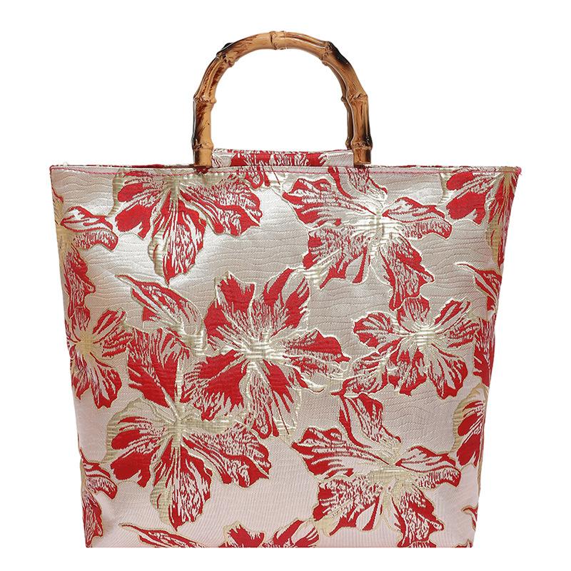 Vintage Green Bottom Dark Red Jacquard Canvas Large Capacity Bags, Women's Handbag, Portable Storage Zipper Closure