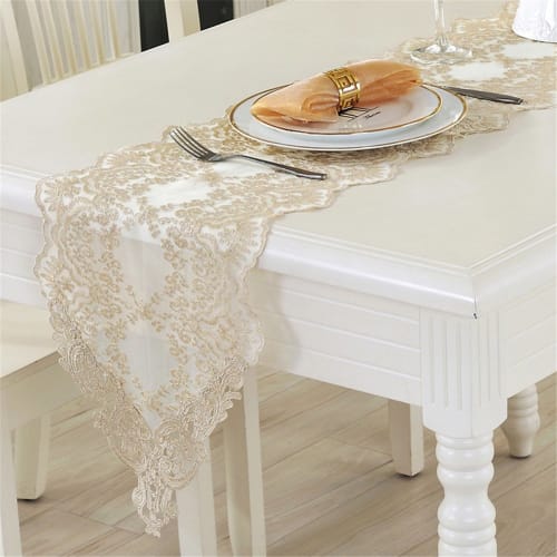 TaiXiuHome Gold Table Runner with European Floral Embroidery and Lace, Standard Style, 30 X 70cm, for Weddings and Parties