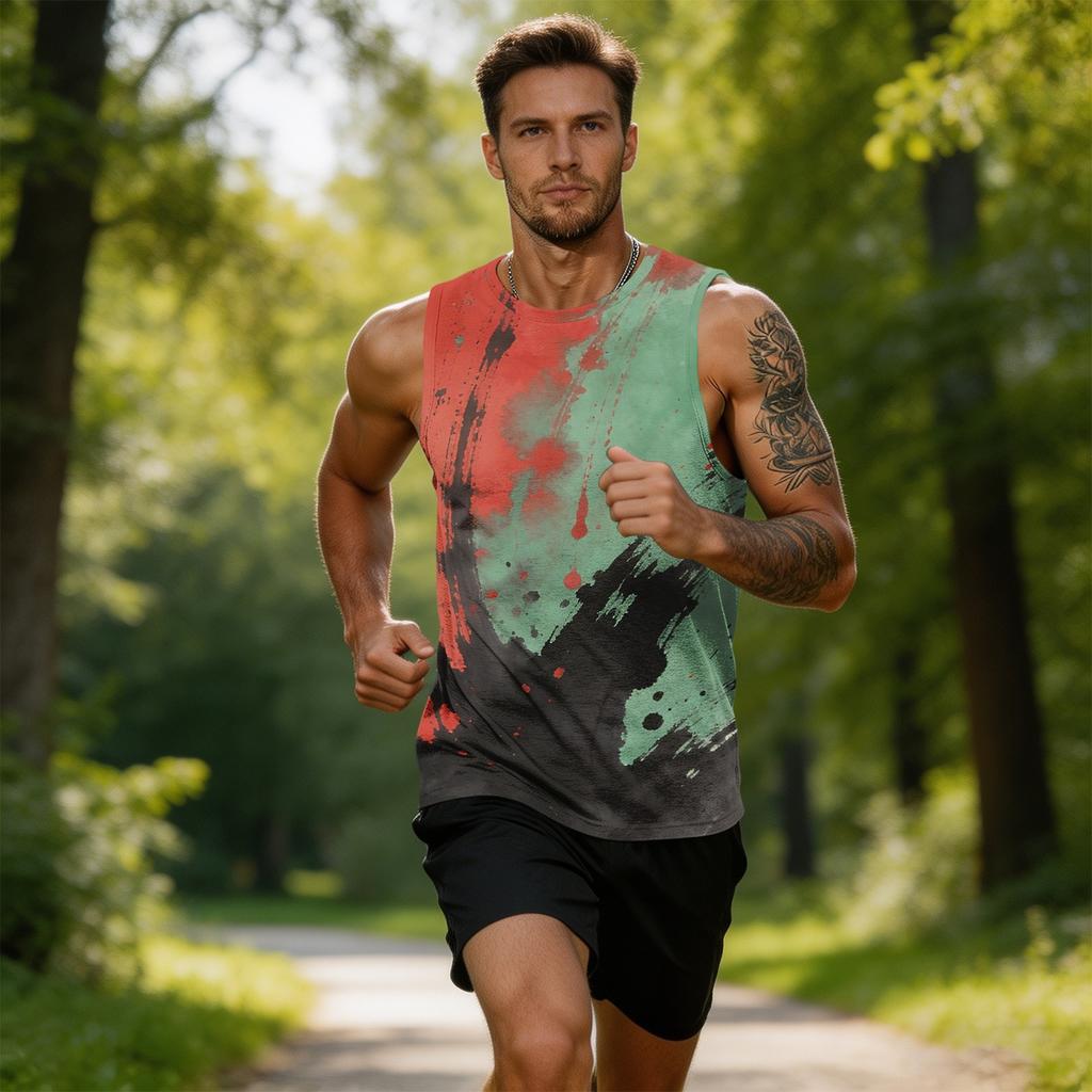 Herren Ärmelloses Tanktop Lässig Trendig Farbspritzer-Print Atmungsaktiv Sportliches Muskelshirt Leichtes Sommer-Trainingsweste