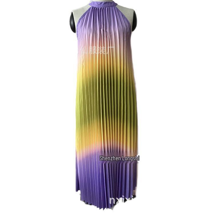 Women's Two-Tone Sleeveless Pleated Casual Dress with Round Neck - Fashion Bestseller In Europe and Asia