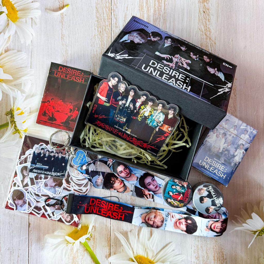 ENHYPEN WUNSCH: UNLEASH Merch Geschenkbox Set - 5. Mini-Album Lomo-Karten Aufkleber Schlüsselanhänger Lanyard Ständer Abzeichen K-Pop Merchandise ENGENE Geschenk