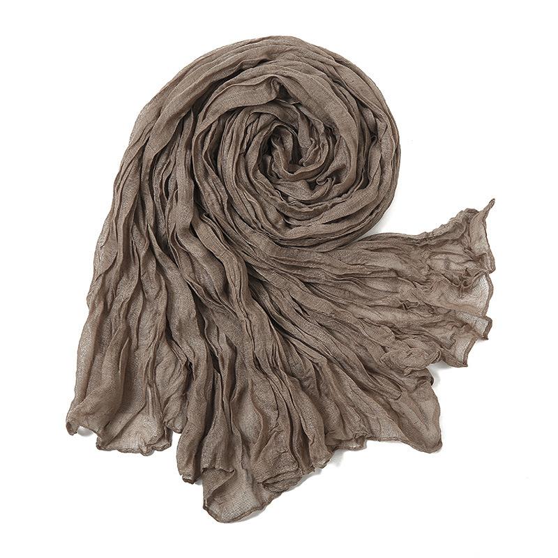 Solid Color Crinkle Cotton Linen Scarf New Warm Silk Pleated Green Retro Thin Long Strip Shawl Men And Women'S