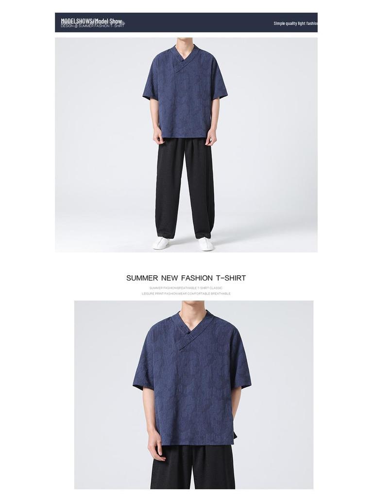 2024 Men's Summer Cotton Linen Short Sleeve T-Shirt with Frog Button – Plus Size Chinese Style Hanfu