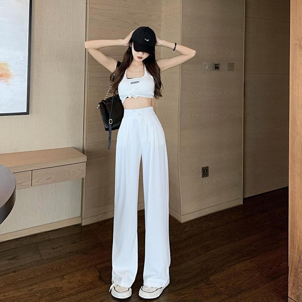 Calças largas de cor sólida para estudantes femininas de primavera e outono, cintura alta, tamanho grande, tubo reto, caimento solto, calças casuais de terno para esfregão de chão