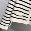 Women Cardigan Sweater Striped Print Contrast Color Single-breasted Long Sleeve Knitted Loose Warm Thick Round Neck Fall Spring Coat KTB
