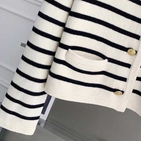 Women Cardigan Sweater Striped Print Contrast Color Single-breasted Long Sleeve Knitted Loose Warm Thick Round Neck Fall Spring Coat KTB