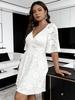Women's Plus Size White Lace V-Neck Dress with Cinched Waist and Bell Sleeves