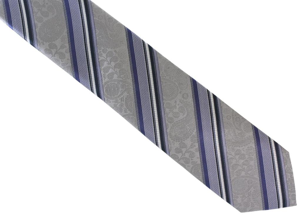 [SIMON CARTER] Simon Carter Paisley Stripe Silk Tie (Gray Silver)
