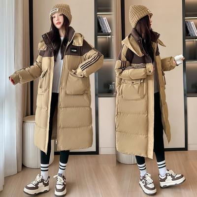Fashion Down Cotton-padded Clothes Women's Hooded Jacket Over the Knee Loose and Thin Contrasting Colors Long Cotton-padded Jacket Trendy