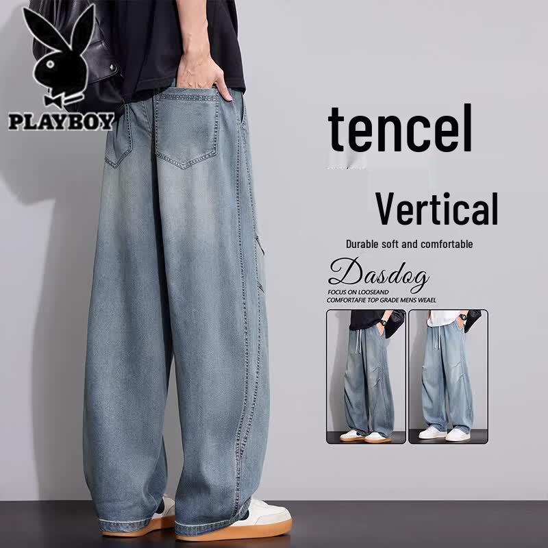PLAYBOY Men's Tencel Loose Straight Wide-Leg Jeans