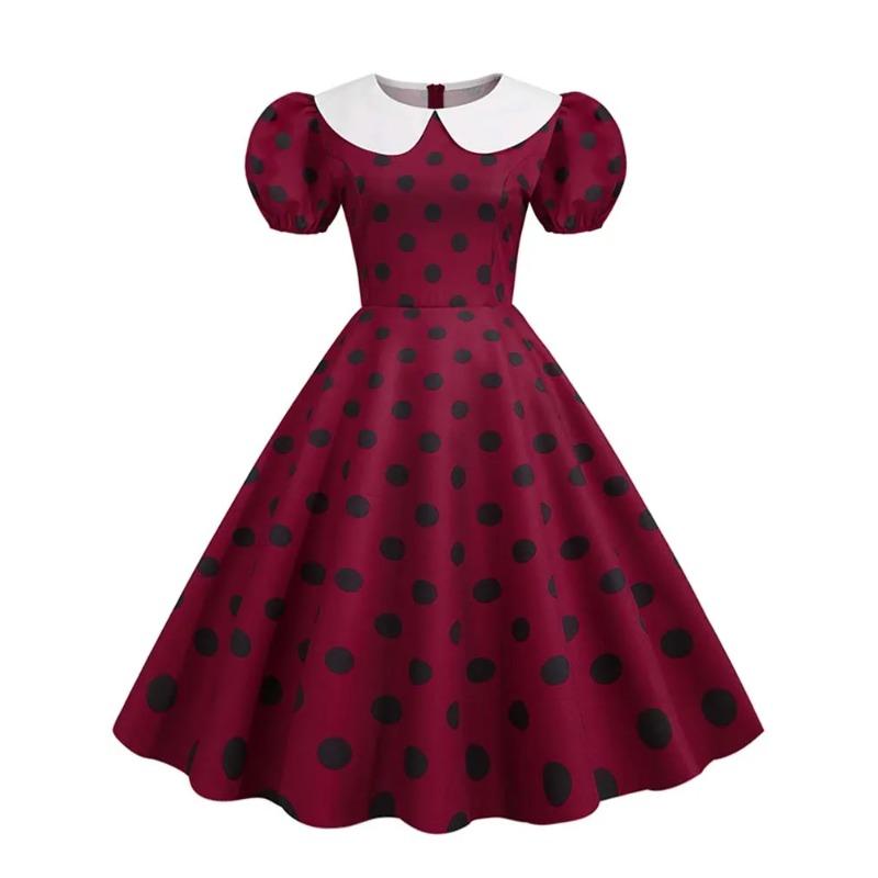 Kragen Elegantes Damen Sommerkleid Puff Kurzarm Pünktchen Vintage Kleid A-Linie Midi Party Sonnenkleid