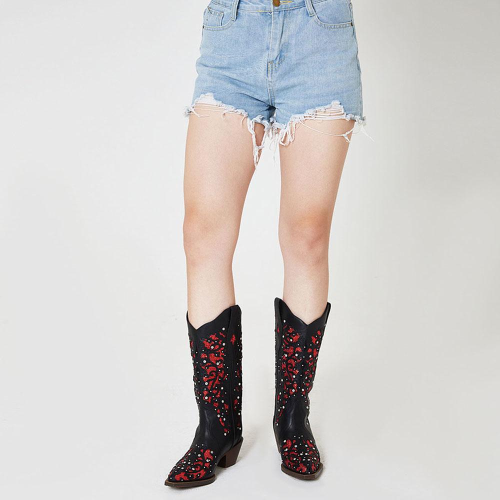 GIGIFOX Kovbojské kamínkové westernové boty do půli lýtka pro ženu, blokový střední podpatek, nazouvací, špičatá špička, vyřezávané, retro kovbojské boty