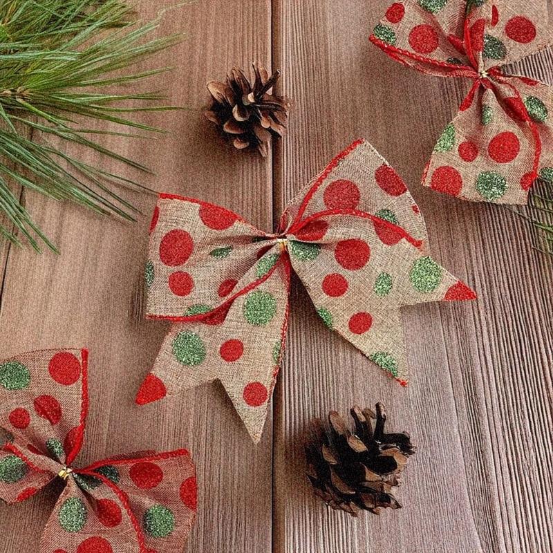 5Yards Round Dot Burlap Ribbon With Wire Edges For Christmas Tree Decorations Crafts Gift Wrapping