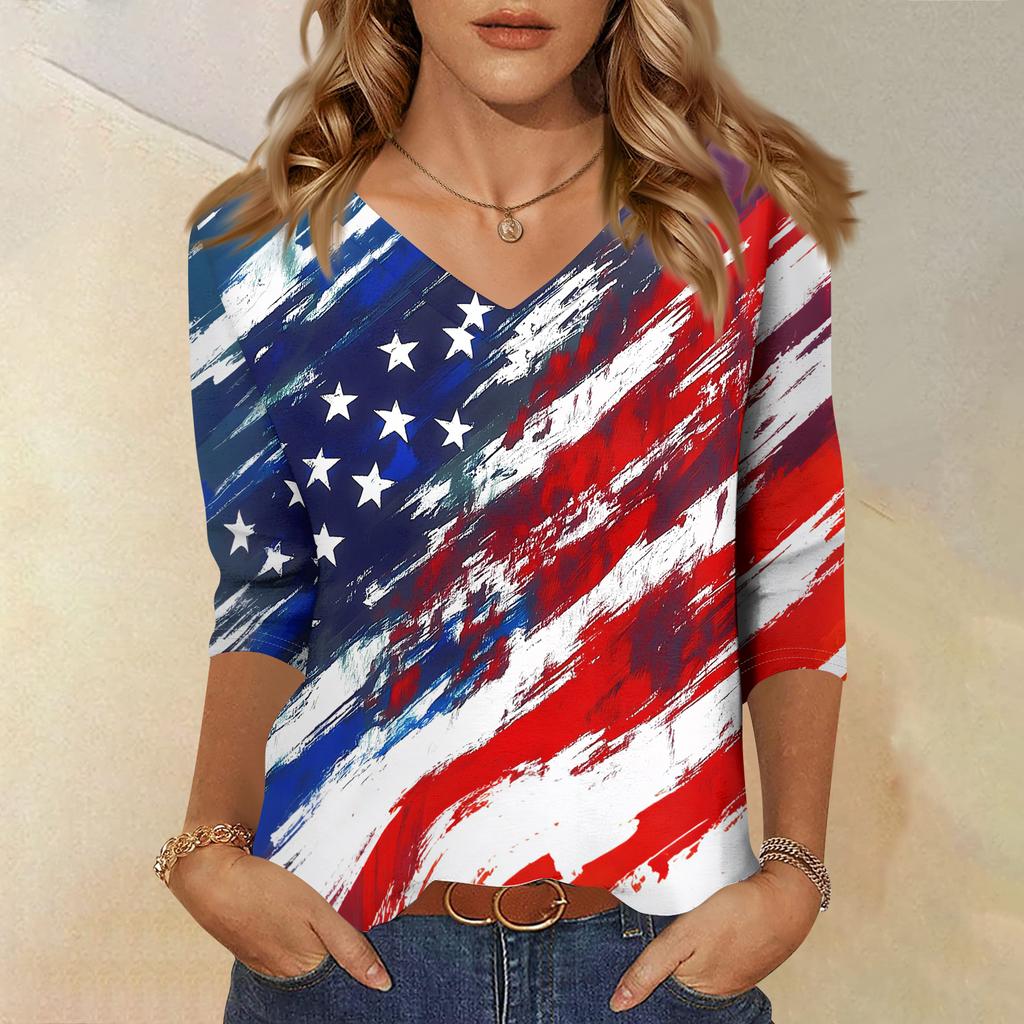Womens V Neck 34 Sleeve Loose Fit Casual Blouse Flag Print Top Seven Quarter Sleeve Shirt for Daily Wear