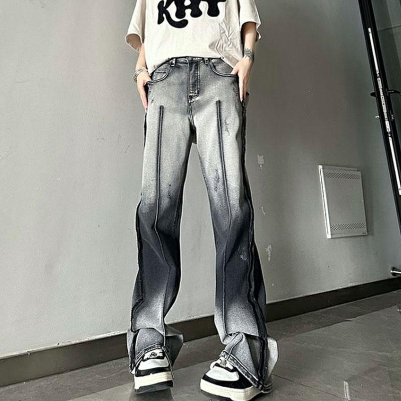 

Stylish High Street Gradient Bootcut Jeans Vintage Tie Dye Men s Clothing American Denim Pants Button Loose Straight Trousers S чорний