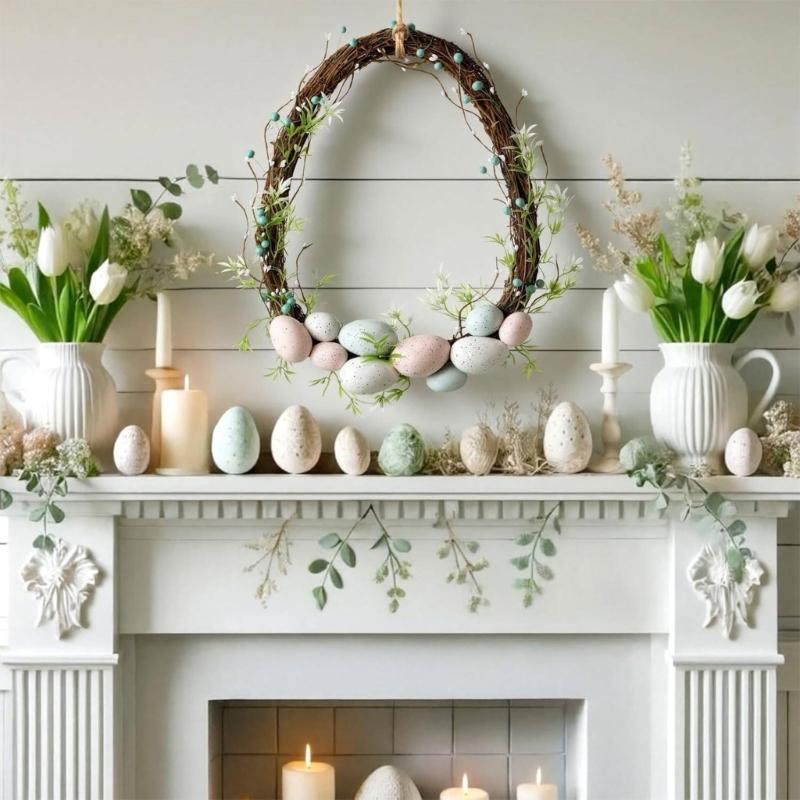 Plastic Easter Door Wreath With Artificial Eggs Flower Decoration Garland For Home Spring Party Celebration