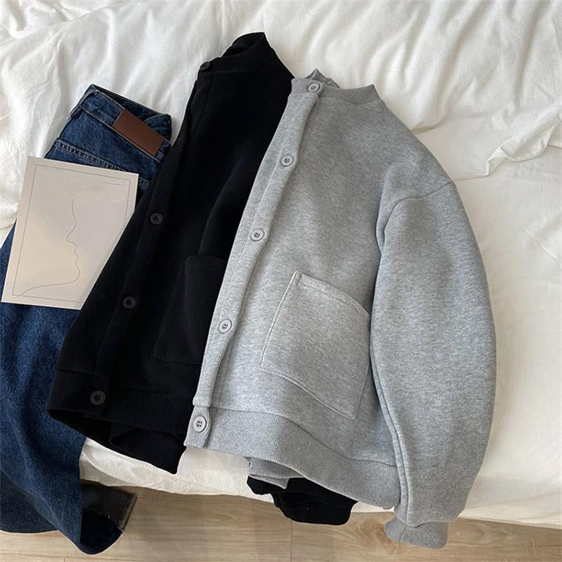 Plus Size Coat Women FleeceWinter Thickened Loose-Fit Round Neck Button-Up Casual Cardigan Sweatshirt for Women