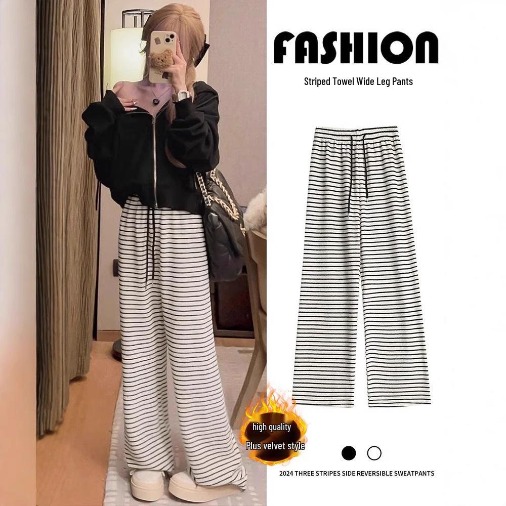 Petite Fleece-Lined Black & White Striped High-Waist Wide-Leg Pants for Women - Autumn/Winter