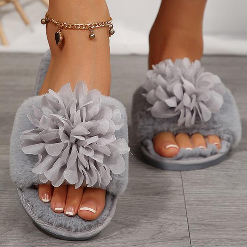 Fashion Elegant Floral Detor Cotton Slippers Women 2025 Solid Color Slip On Fur Slippers for Woman Faux Fur Indoor Plush Slides Female