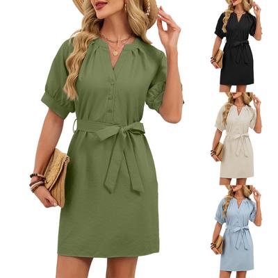 Women's Fashionable Color V-neck Button Short Sleeved Casual Lace Dress