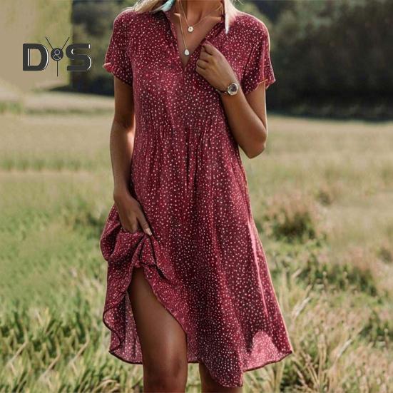 Summer Dress Dot Printing Short Sleeves Loose A-line Shirt Dress V Neck Knee Length Midi Dress for Dating Travel Vacation