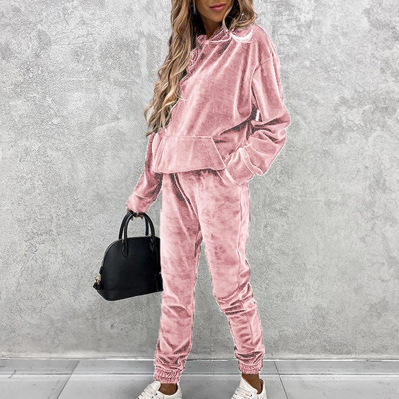 Female Autumn and Winter Solid Color Sports Suits Hooded Sweatshirt+ Pants Two-piece Set