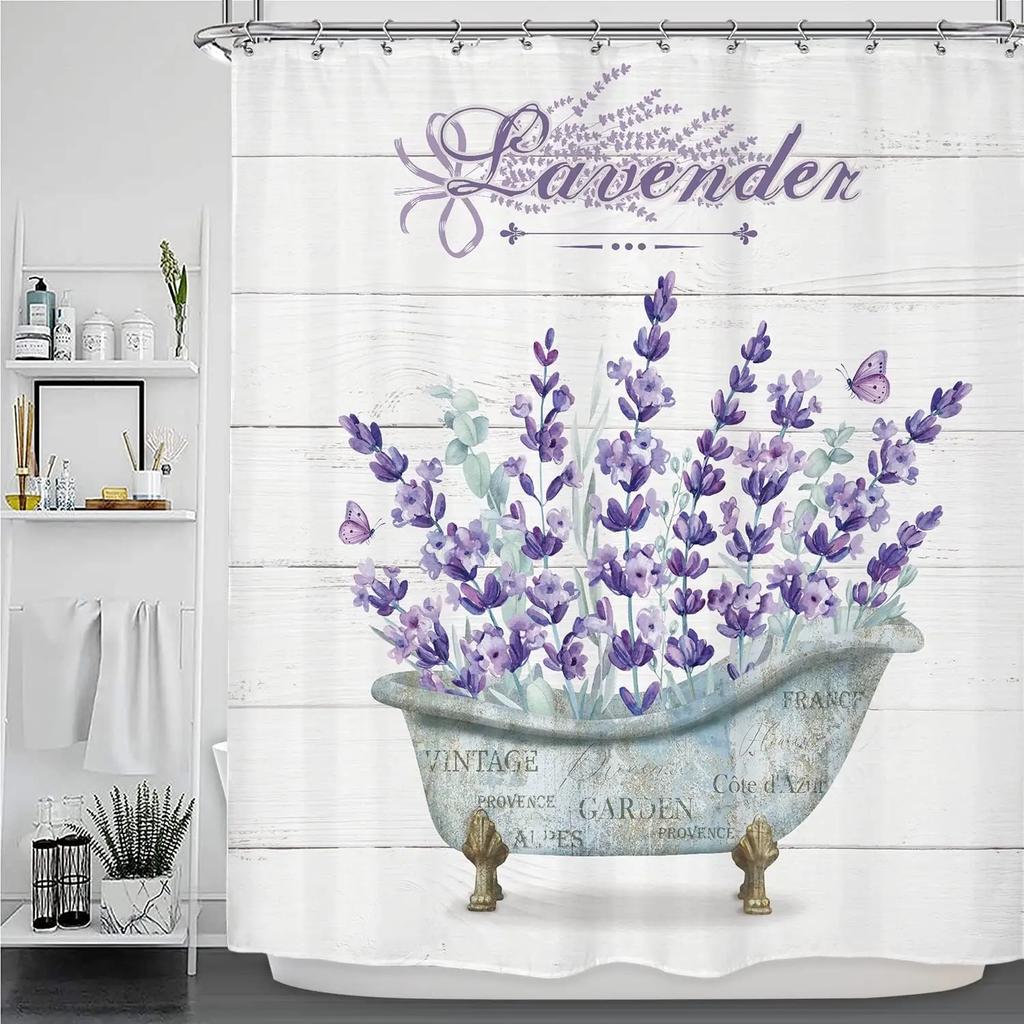 Wood Paneled Flower Shower Curtain, Vintage Flower Farm Cart Sunflower Butterfly Lavender Geometric Bible, Bathroom Decoration