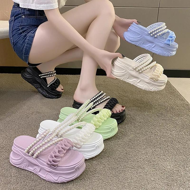 Fashion 8CM Summer Casual High Platform Sandals Women Buckle Strap Slippers Thick Bottom Pearl Sandalias Woman Chunky Beach Shoes Mujer