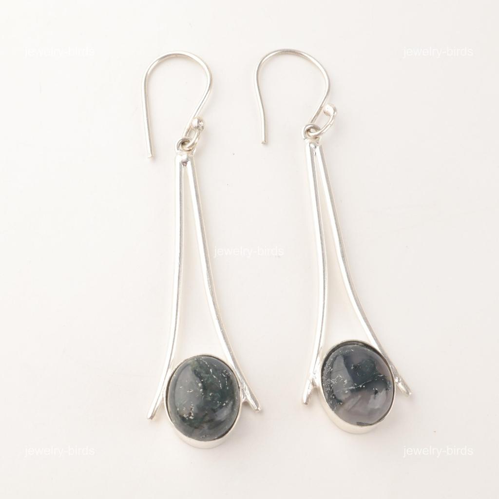 Moss Agate Gemstone Sterling Silver Drop Dangle Mothers Gift Elegant Earrings EE-136-25