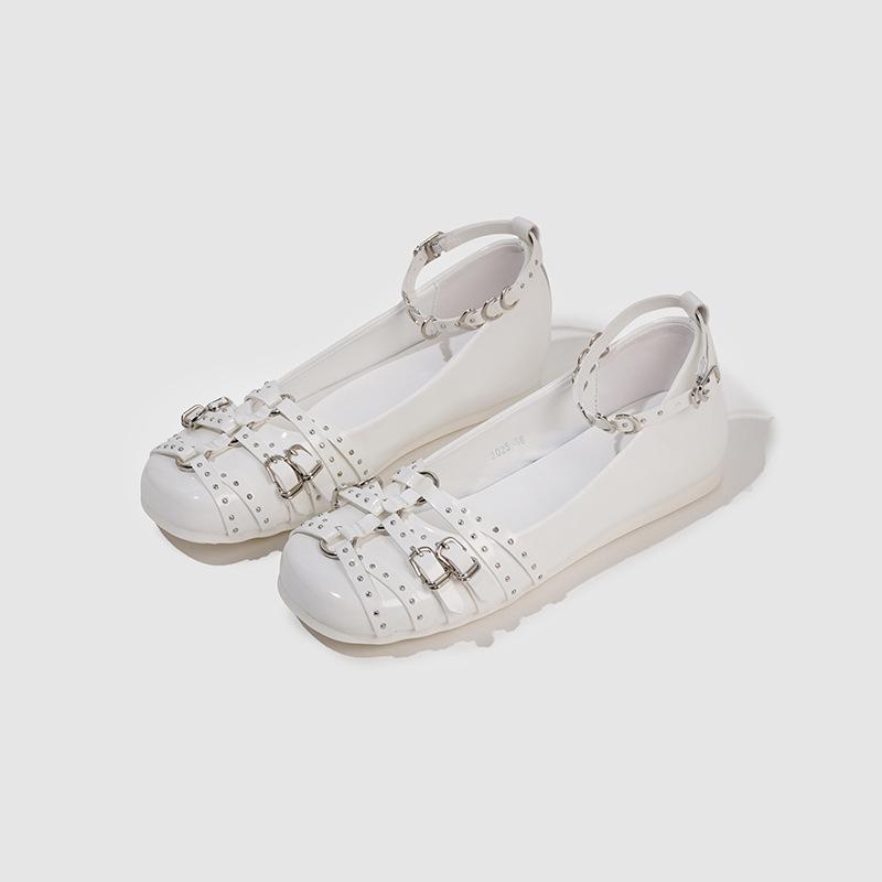 Ballet flats women's spring new leather retro single shoes inner height increase rivet shallow mouth Mary Jane shoes