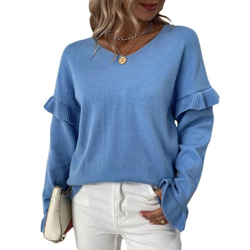 Solid color V-neck petal sleeve sweater for women autumn and winter new European and American sweater for women