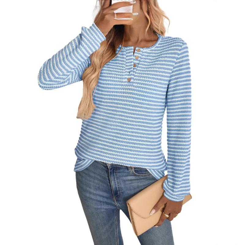 

Женская осенне-зимняя новая повседневная футболка с пуговицами, круглым вырезом, вязаная, с длинными рукавами, в клетку ананас S синий