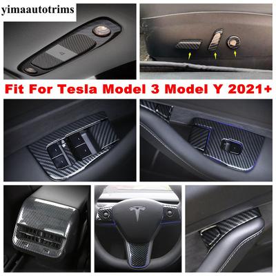 Steering Wheel Window Lift Door Lock Air Adjust Button Cover Trim Carbon Fiber Accessories For Tesla Model 3 Model Y - 2024