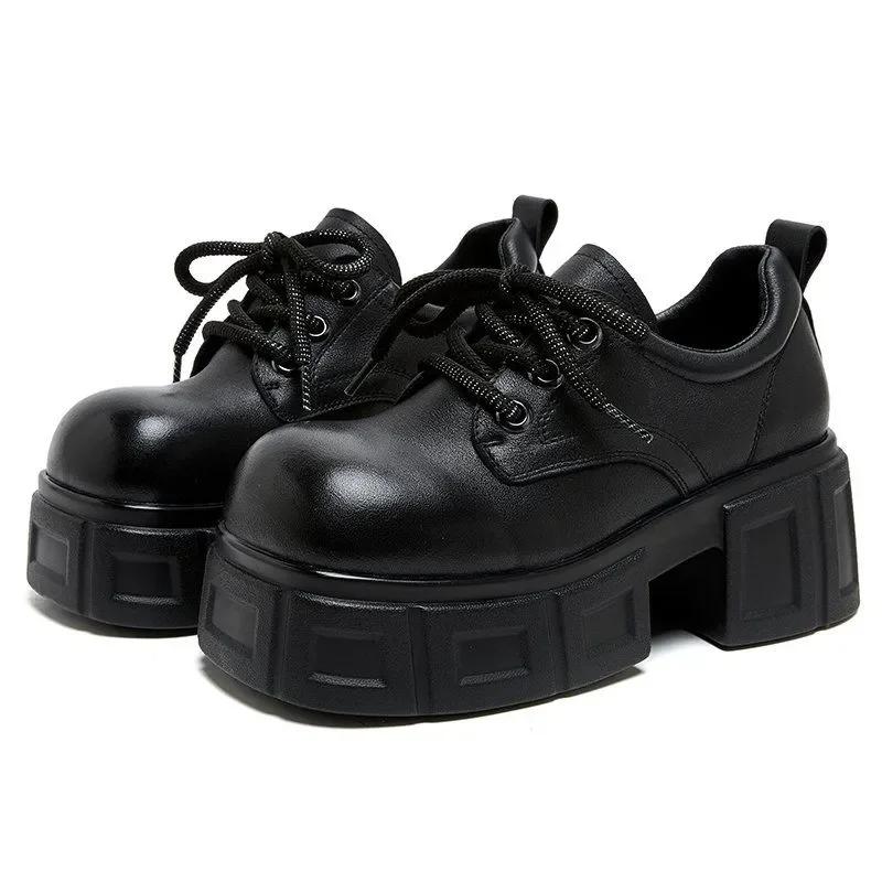 Fashion 7CM New Spring Autumn Women Retro Platform Big Toe Genuine Cow Leather Lace-Up British Style Thick High Heel Casual Single Shoes