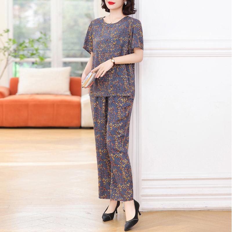 Plus Size Elegant 2 Piece Sets Womens Outfits Summer  Vintage Print Wide Legs Trouser Sets