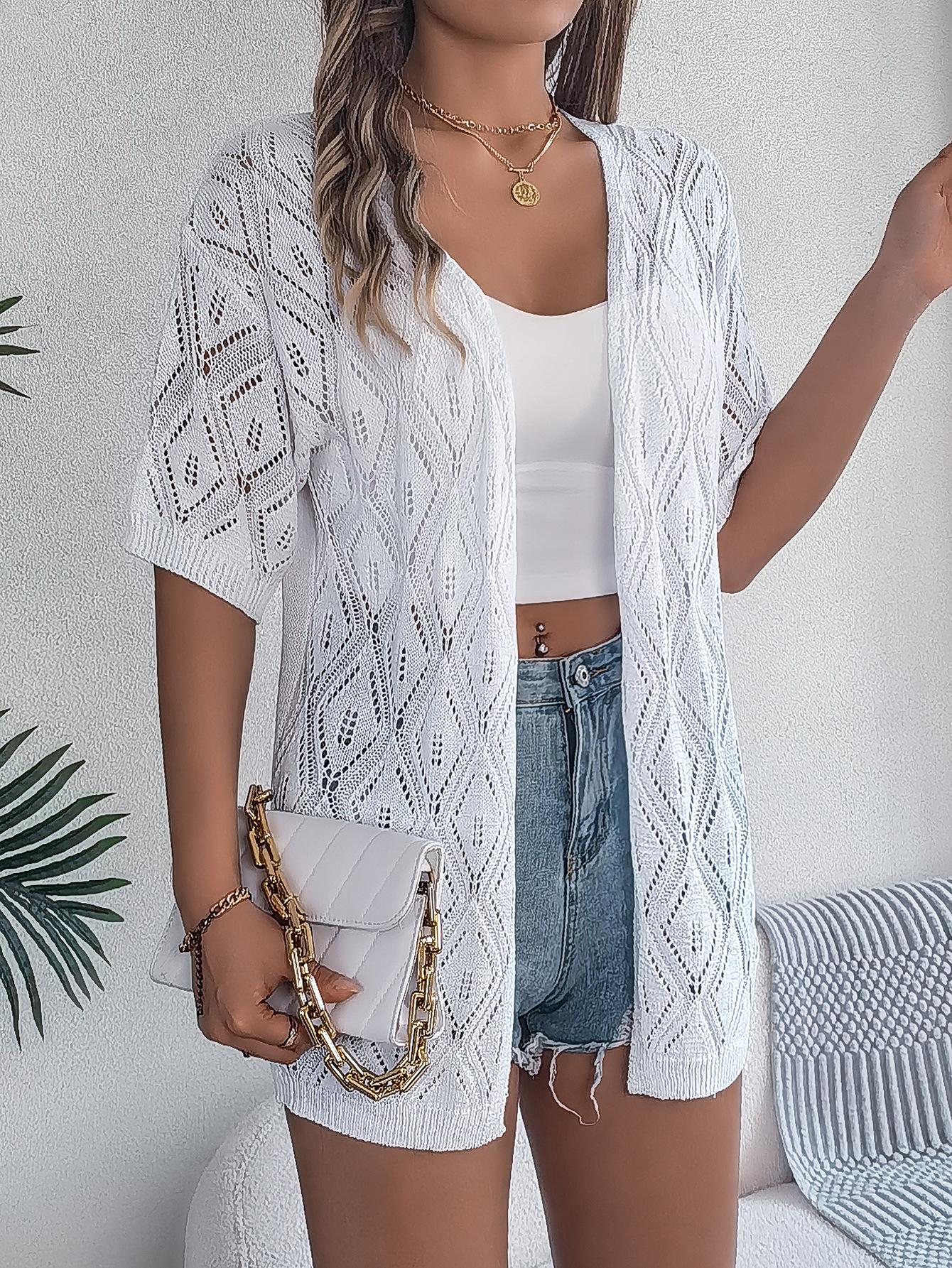 Женский полый клетчатый летний вязаный кардиган с коротким рукавом, пляжная солнцезащитная одежда S белый