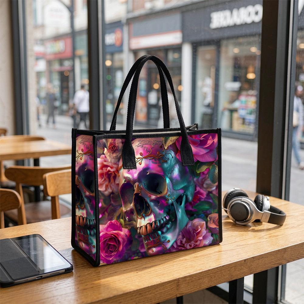 Gothic Floral Skull Print Fashion Tote Bag Casual Daily Large Capacity Portable Shopping Shoulder Handbag